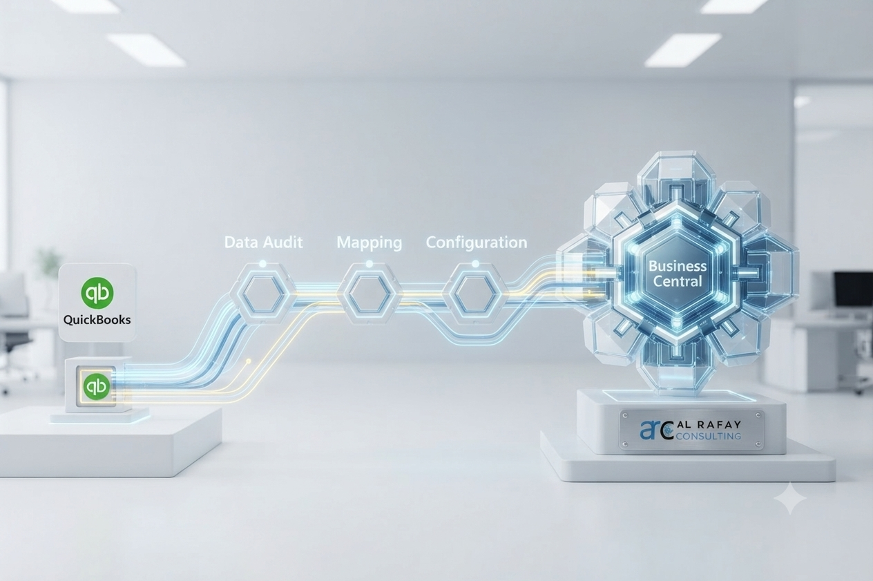 QuickBooks to Business Central data migration map showing what migrates and what requires manual handling