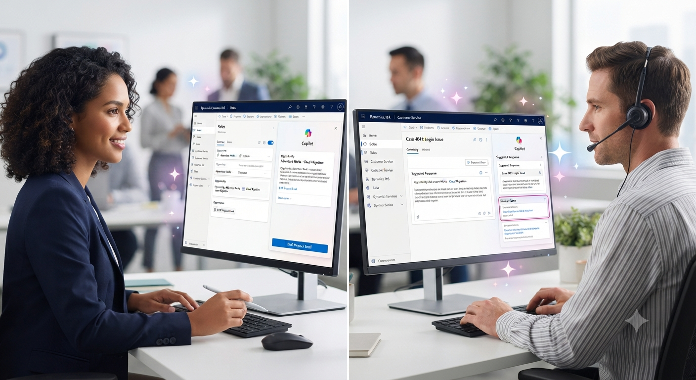 Copilot in Dynamics 365 assisting sales and service teams in side-by-side workflow views