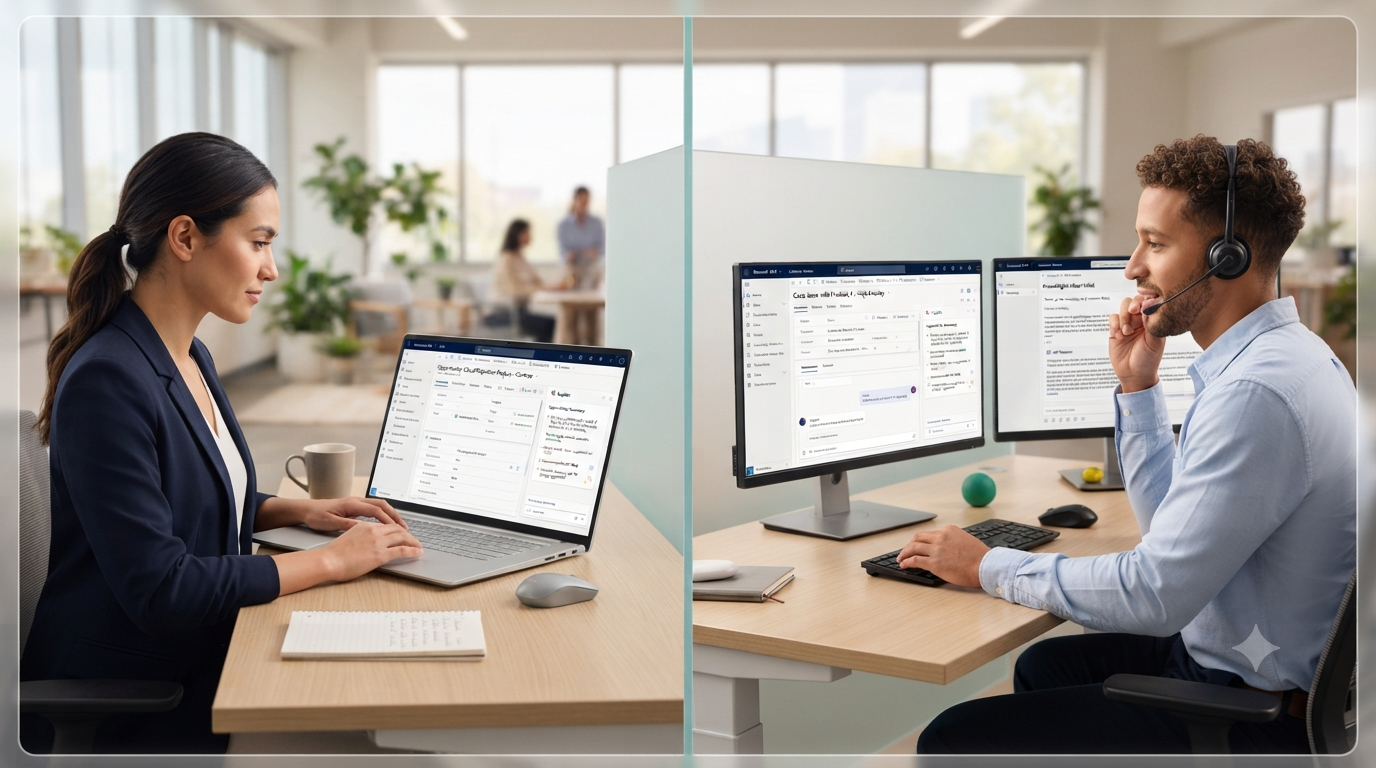 Side-by-side Dynamics 365 Copilot workflow example for sales and customer service users