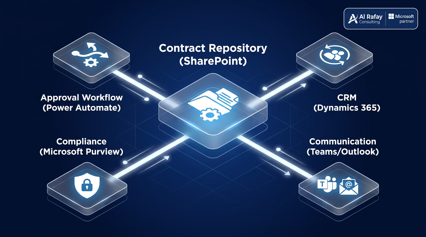 Microsoft-native contract lifecycle management architecture connecting SharePoint repository, Power Automate approvals, Dynamics 365 CRM, Teams and Outlook communication, and Microsoft Purview compliance