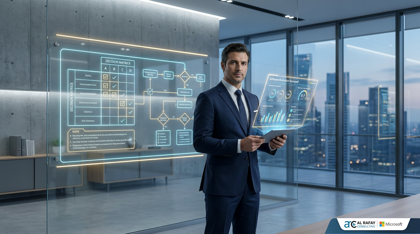 Executive decision-making scene with digital contract evaluation dashboard for selecting the right CLM software platform