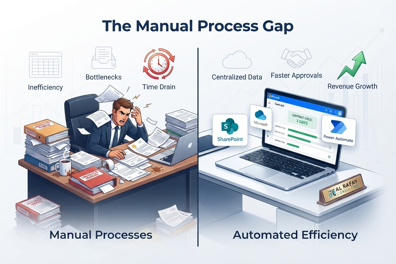 Manual contract process bottlenecks contrasted with automated SharePoint and Power Automate efficiency