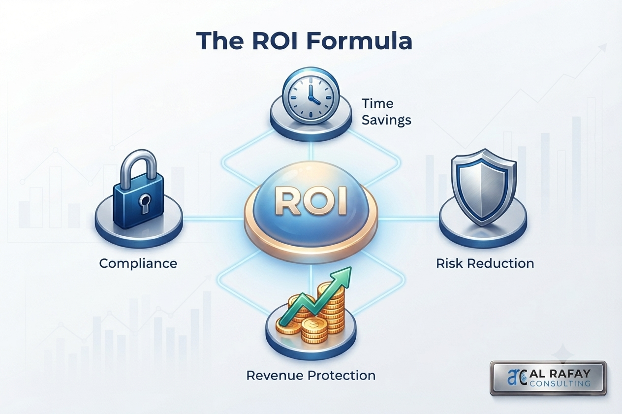 Contract automation ROI formula showing time savings risk reduction compliance and revenue protection