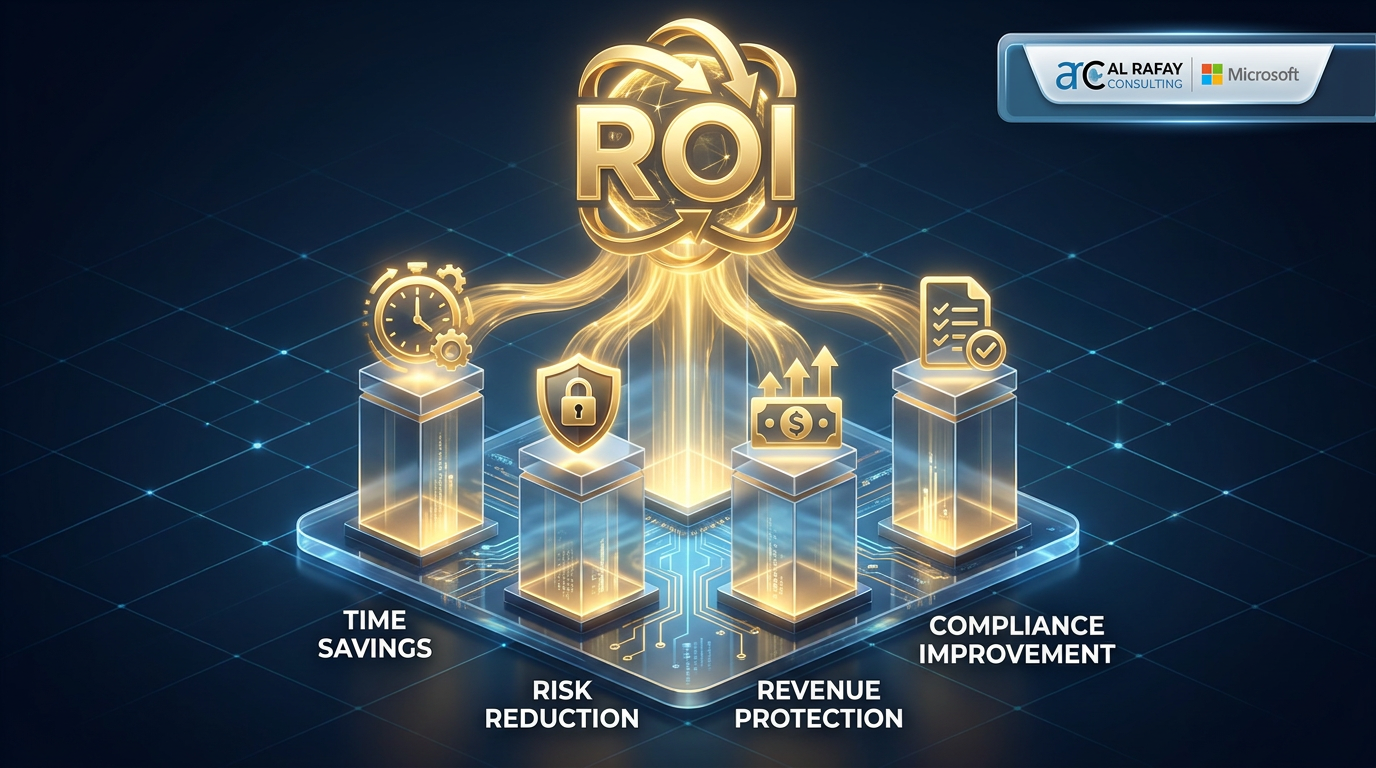 ROI framework visualization showing time savings, risk reduction, revenue protection, and compliance improvement outcomes from managed services