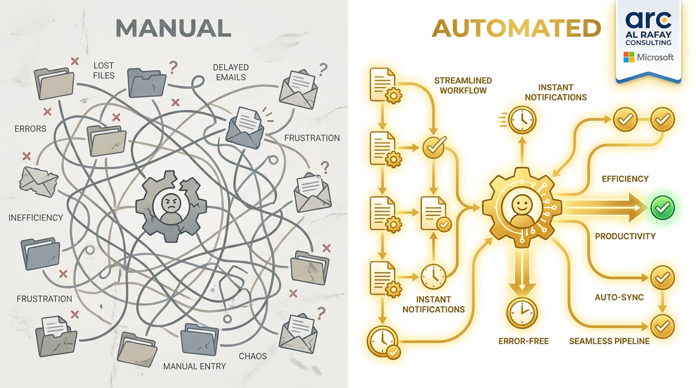 Side-by-side comparison of manual IT operations chaos versus automated workflow efficiency with improved productivity and instant notifications
