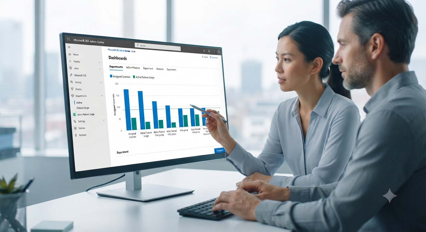Team reviewing license assignment and active usage trends in Microsoft admin reporting