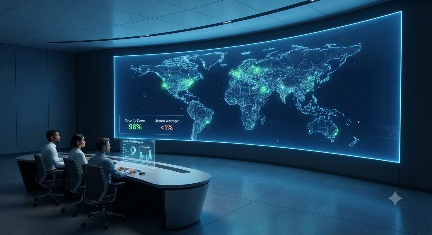 Global governance and monitoring view showing high security posture and low license wastage