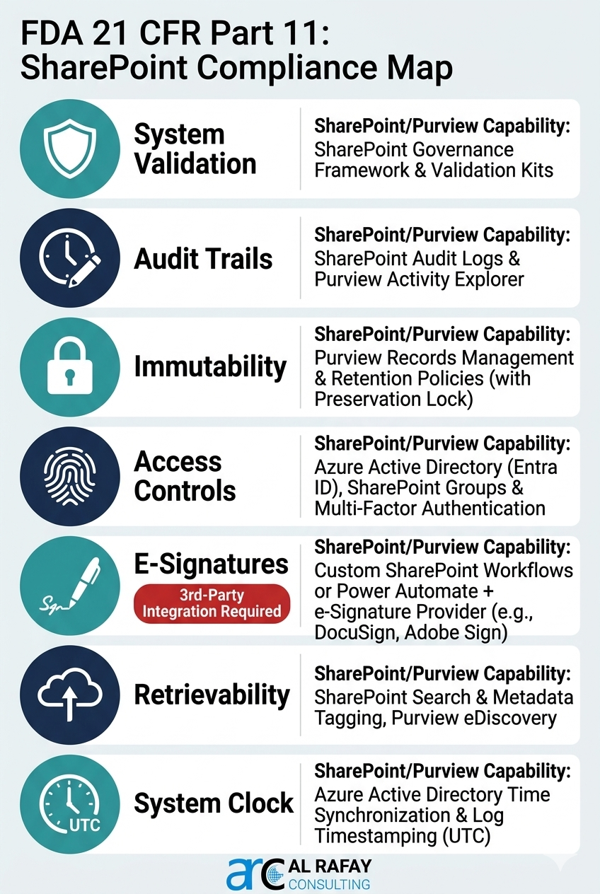 FDA 21 CFR Part 11 SharePoint compliance map matching each regulatory requirement to the corresponding SharePoint and Purview capability