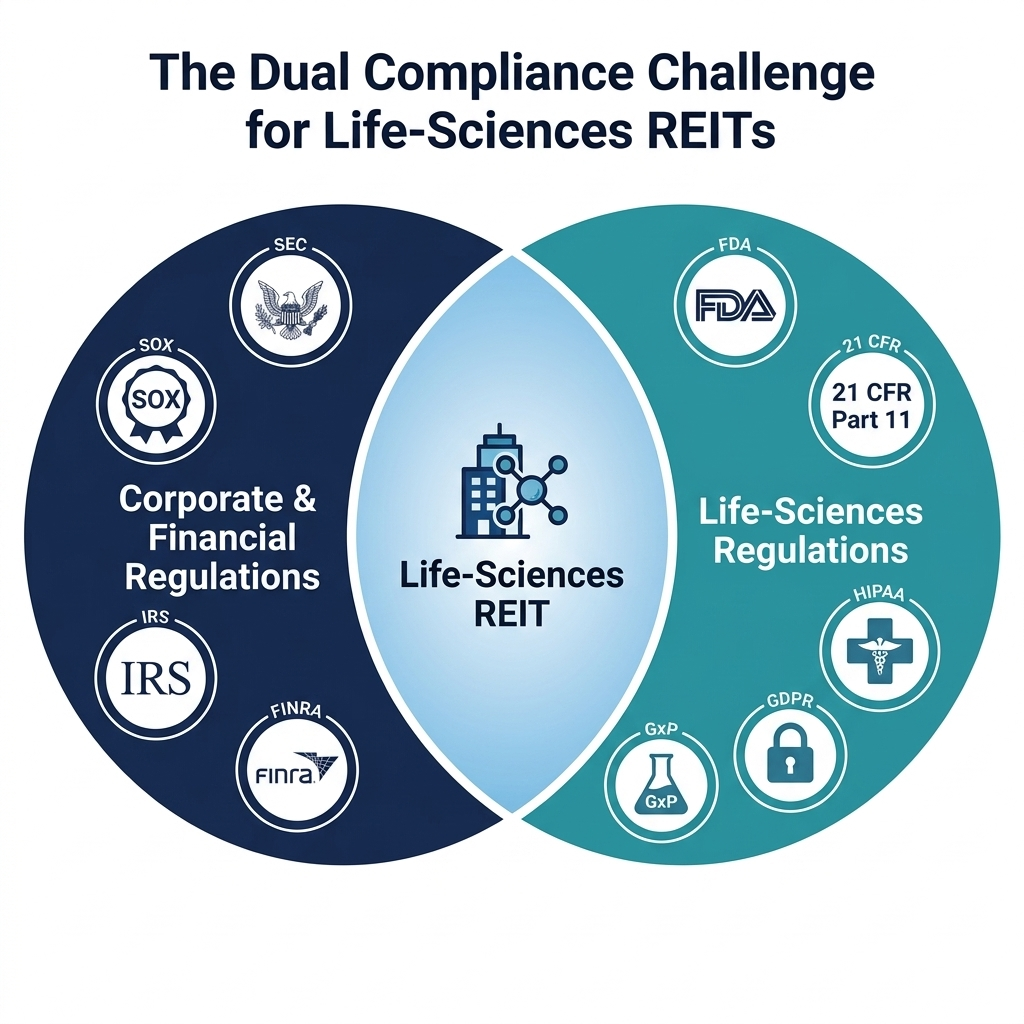 Venn diagram showing the dual compliance challenge for life-sciences REITs, with corporate and financial regulations (SOX, SEC, IRS, FINRA) overlapping life-sciences regulations (FDA, 21 CFR Part 11, HIPAA, GxP, GDPR)