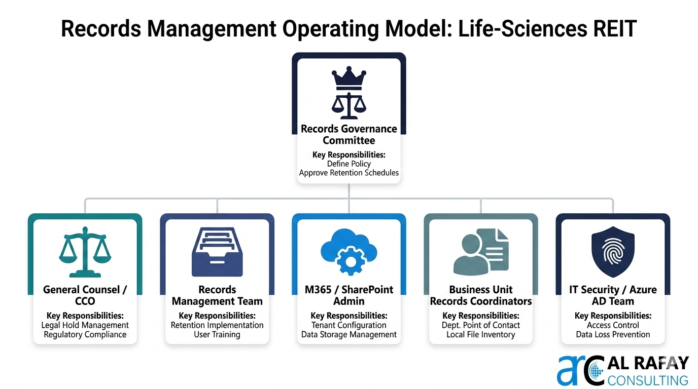 Records management operating model for a life-sciences REIT showing roles from General Counsel and information governance through M365 administrators and business unit records coordinators