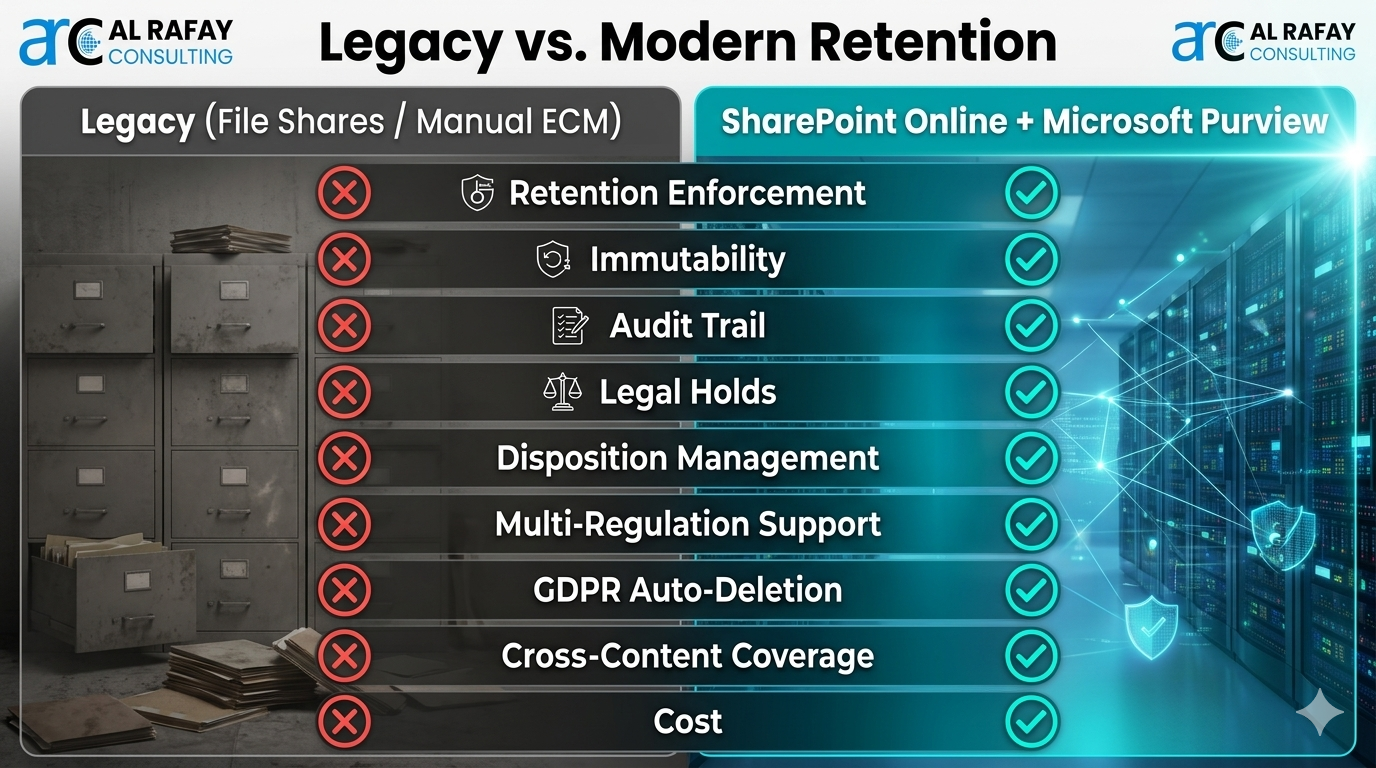 Side-by-side comparison of legacy manual retention on file shares versus modern automated retention with SharePoint Online and Microsoft Purview