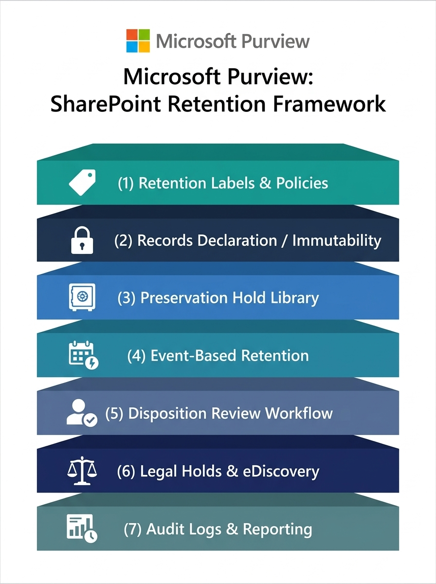 Microsoft Purview SharePoint retention framework showing seven layers: retention labels, records declaration, Preservation Hold Library, event-based retention, disposition review, legal holds and audit logs