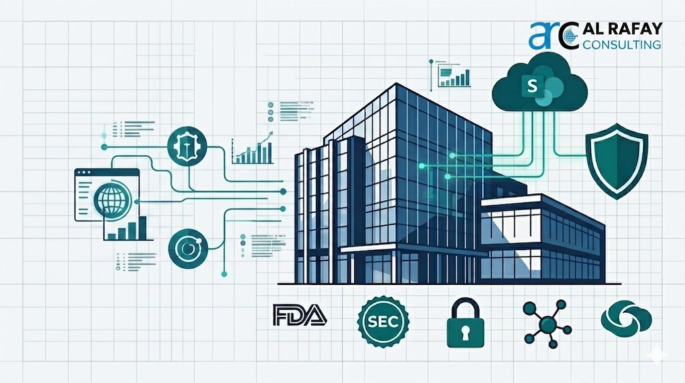 Life-sciences REIT building surrounded by FDA, SEC, HIPAA, GDPR and SharePoint compliance icons representing document retention obligations