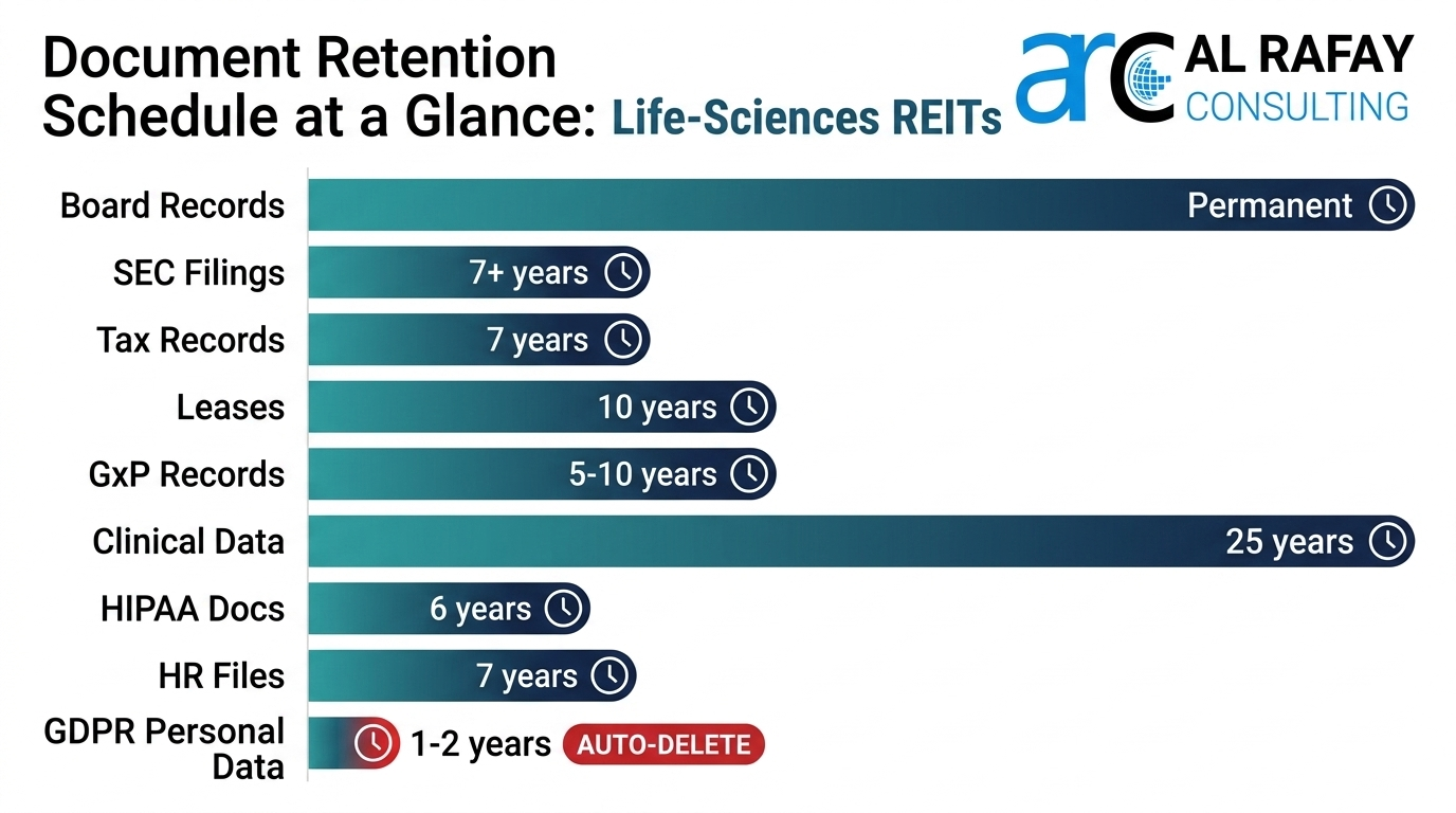 Bar chart of document retention periods for life-sciences REITs at a glance, ranging from short-term emails to permanent governance records