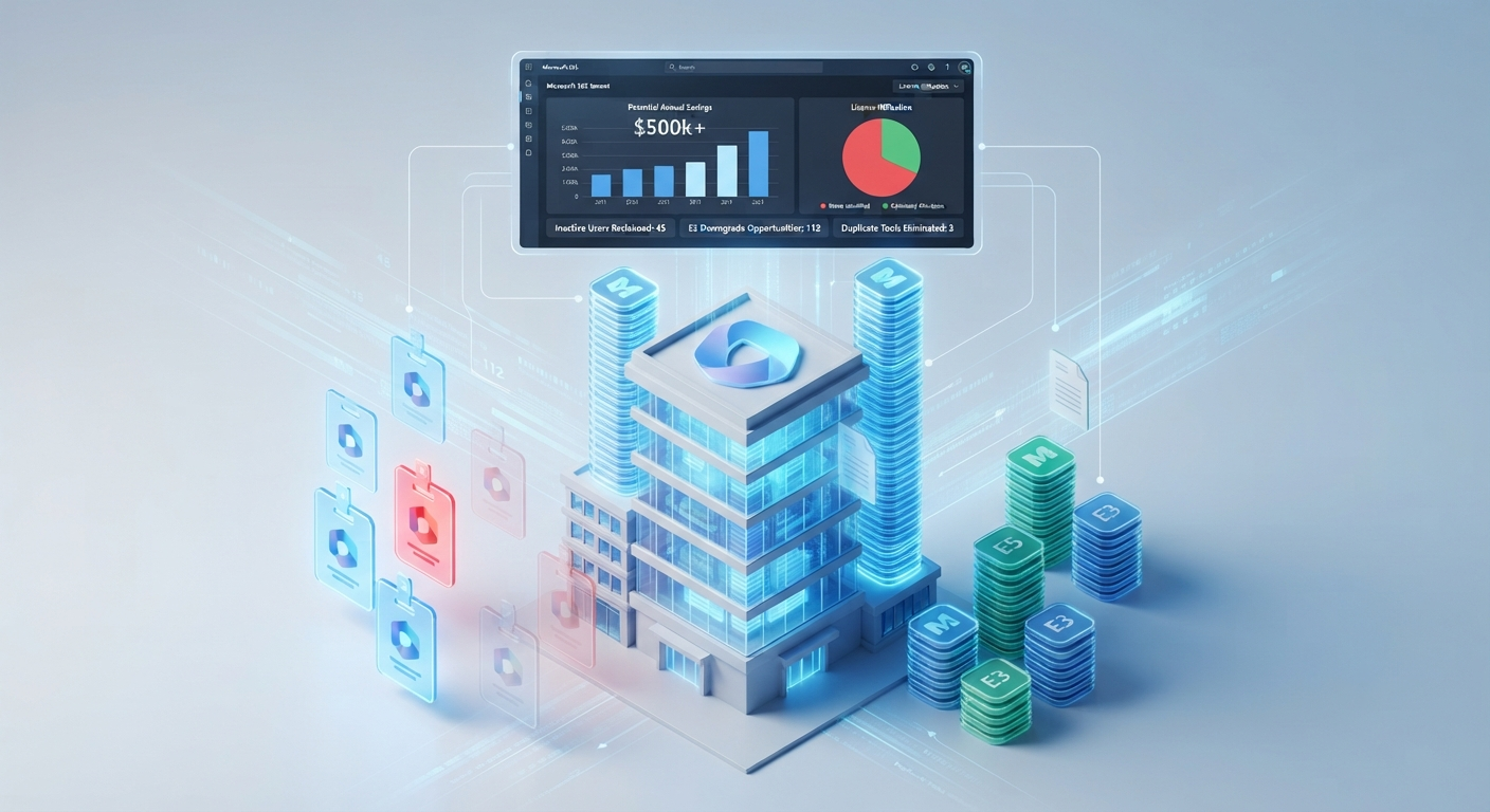Microsoft 365 savings dashboard with right-sizing and governance metrics