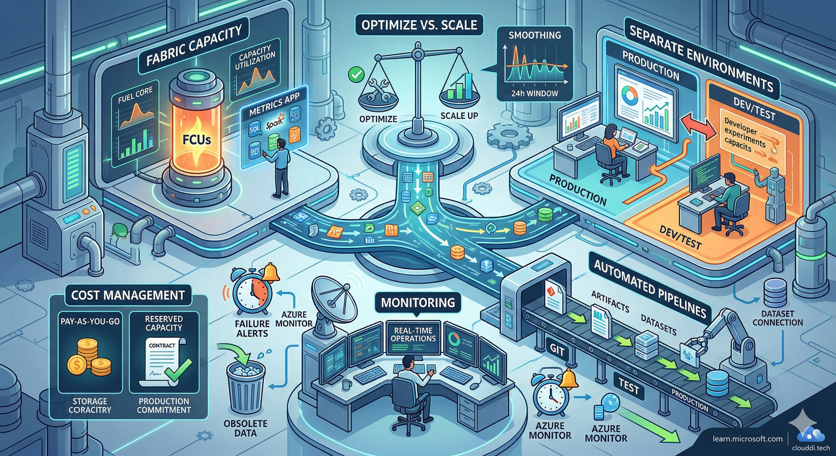 Microsoft Fabric unified analytics platform architecture — OneLake, workloads, and enterprise data governance