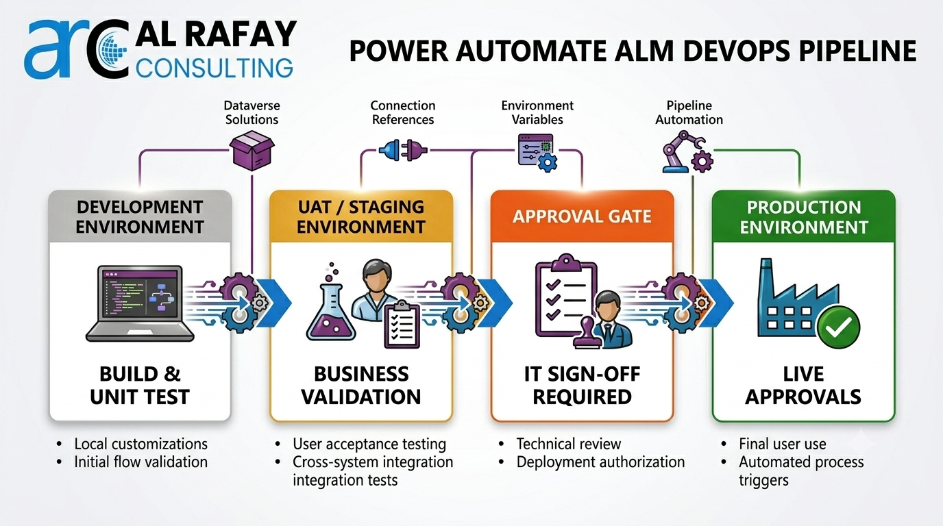 Power Automate ALM DevOps pipeline with four stages: Development environment (Build and Unit Test), UAT Staging environment (Business Validation), Approval Gate requiring IT sign-off, and Production environment (Live Approvals)