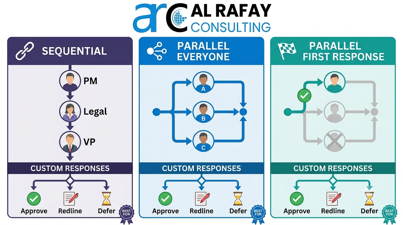 Three core Power Automate approval patterns: Sequential (PM to Legal to VP), Parallel Everyone Must Approve (A, B, C simultaneously), and Parallel First to Respond