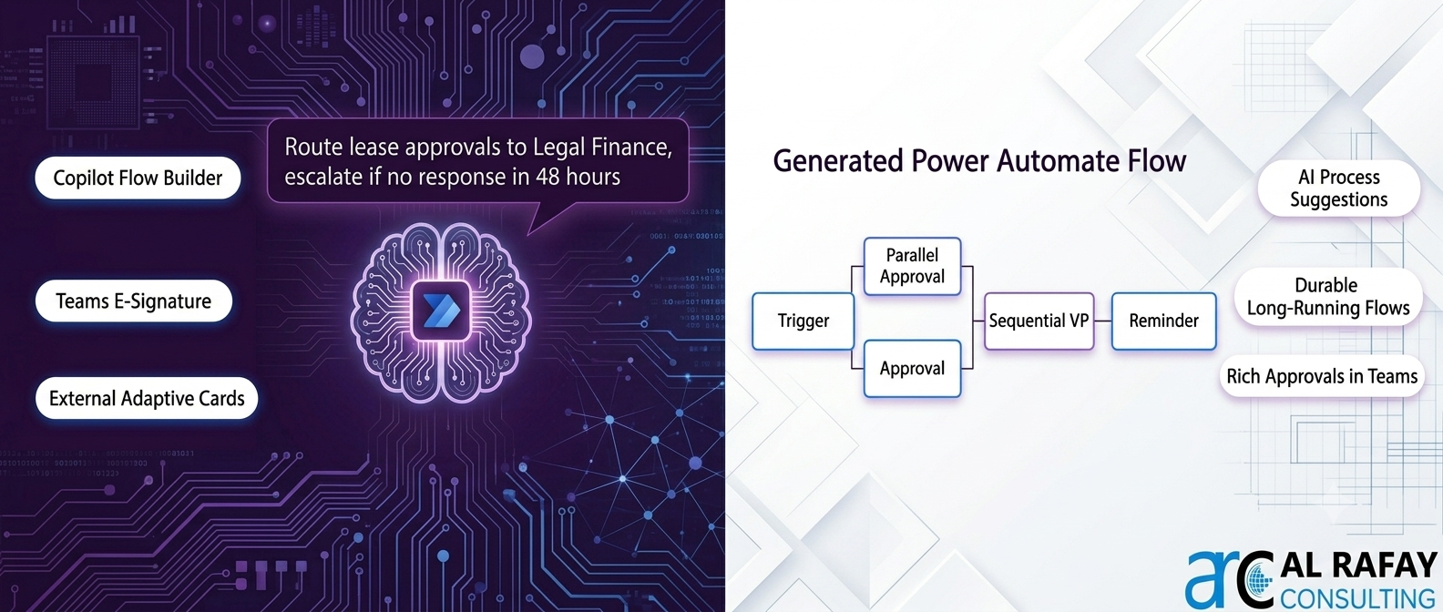 Power Automate Copilot Flow Builder: natural language prompt describing lease approval routing with escalation, alongside the AI-generated flow showing parallel approval branches, sequential VP sign-off, Teams e-signature, and external Adaptive Cards