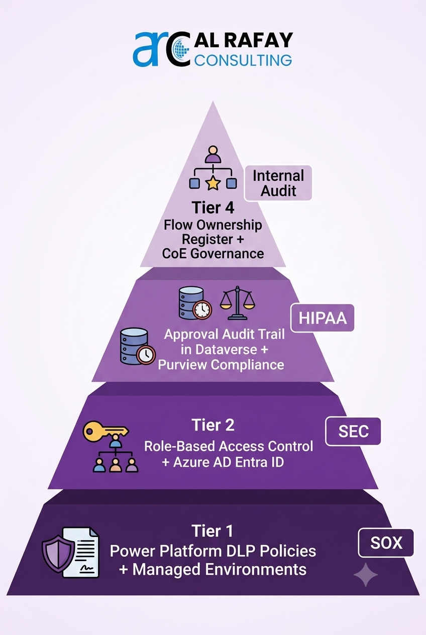 Power Automate CRE governance compliance framework showing DLP policies, role-based access control via Azure AD, approval audit trail in Dataverse and Purview, and flow ownership register aligned to SOX, SEC, HIPAA, and internal audit requirements