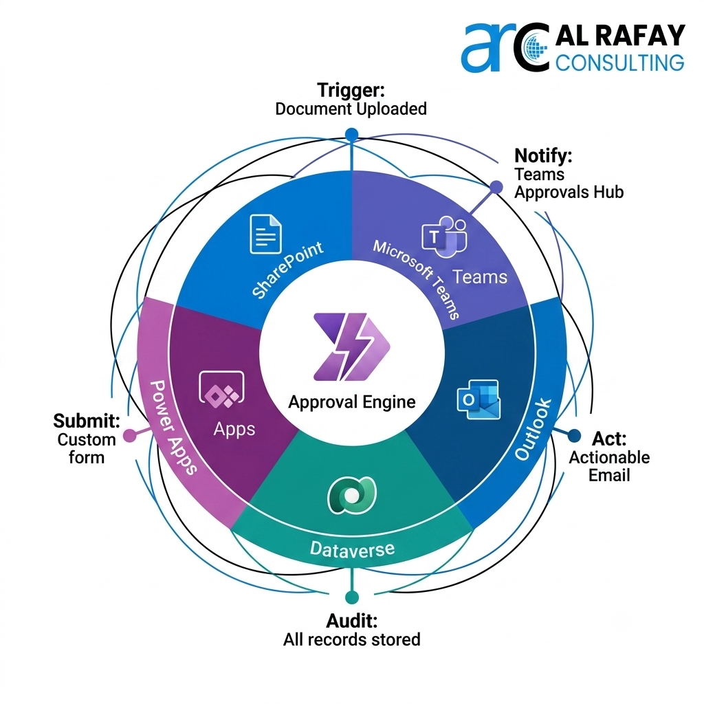 Power Automate Approval Engine as central hub with five spokes connecting to SharePoint (trigger), Teams (notify), Outlook (act), Dataverse (audit), and Power Apps (submit)