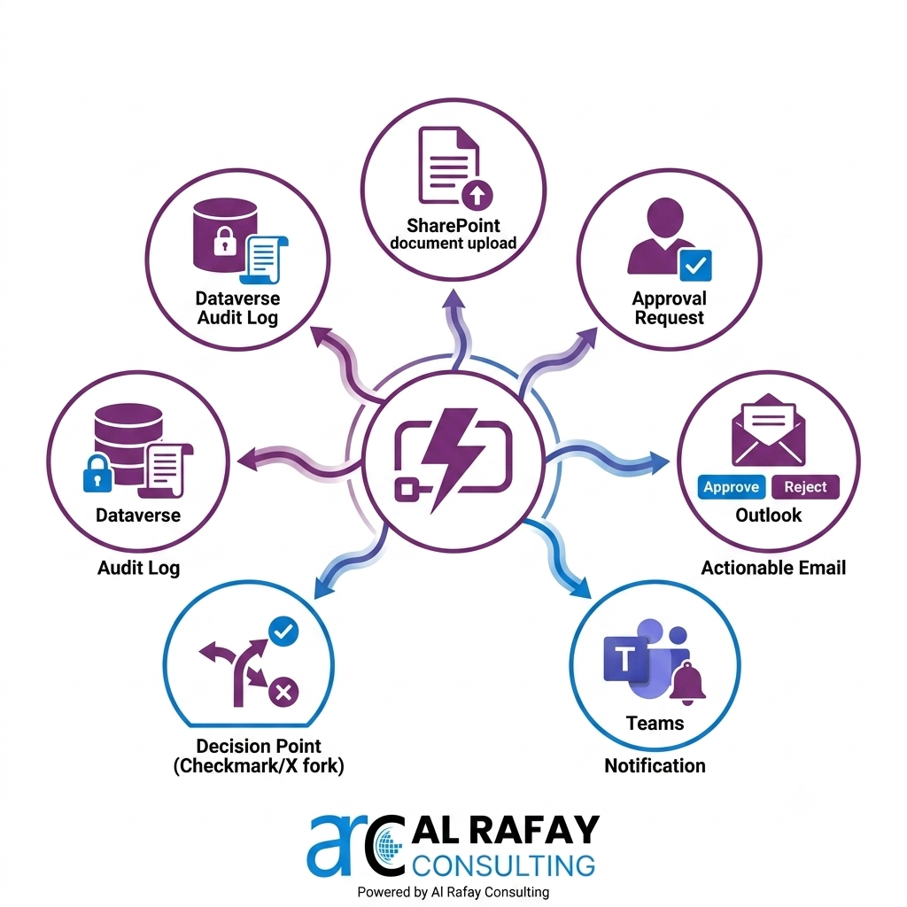 Power Automate Approvals as the central hub connecting SharePoint document upload, approval requests, Outlook actionable email, Teams notifications, decision routing, and Dataverse audit log