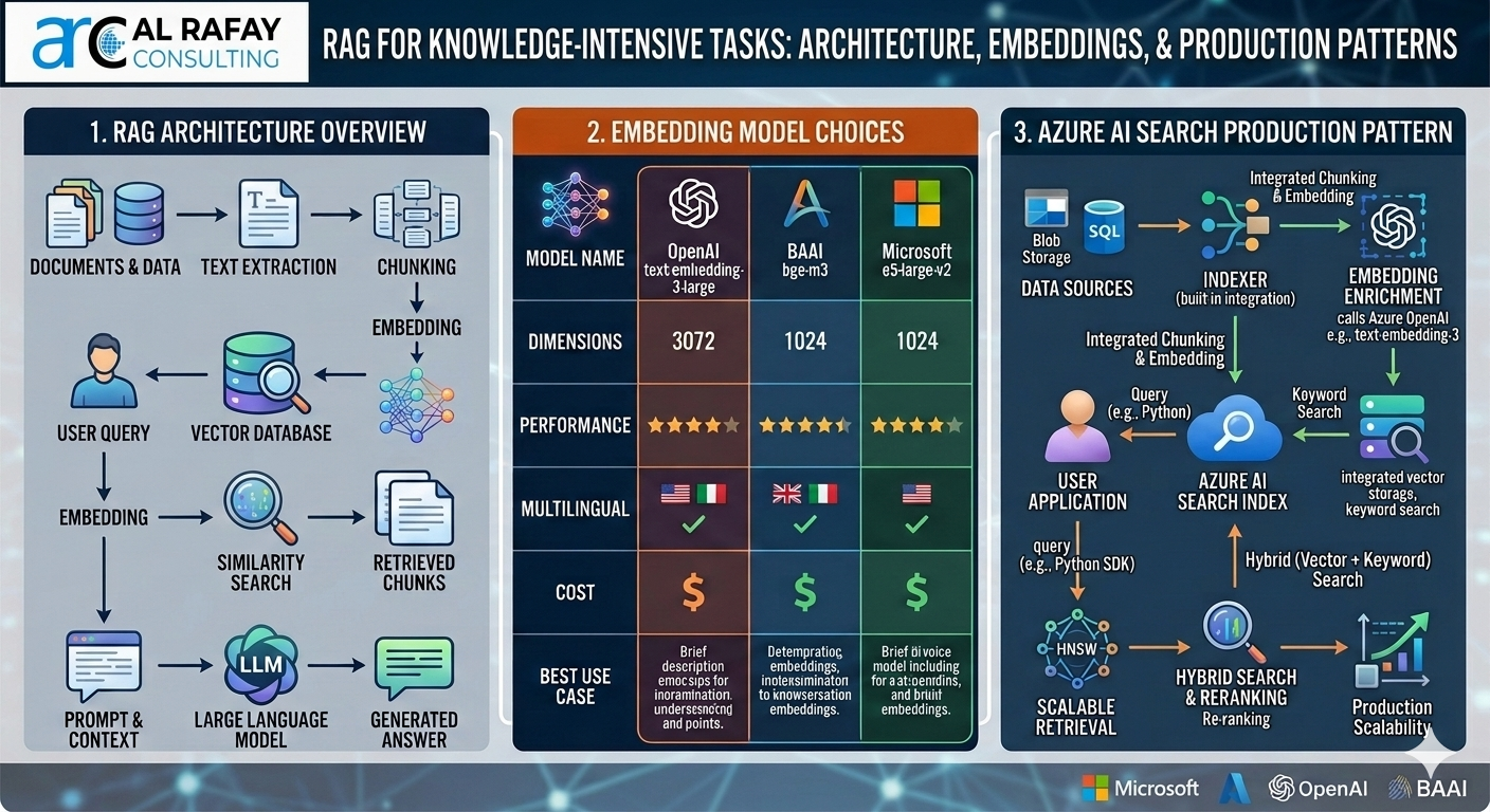 Retrieval-augmented generation (RAG) architecture illustration showing embedding choices and the Azure AI Search pattern for knowledge-intensive tasks