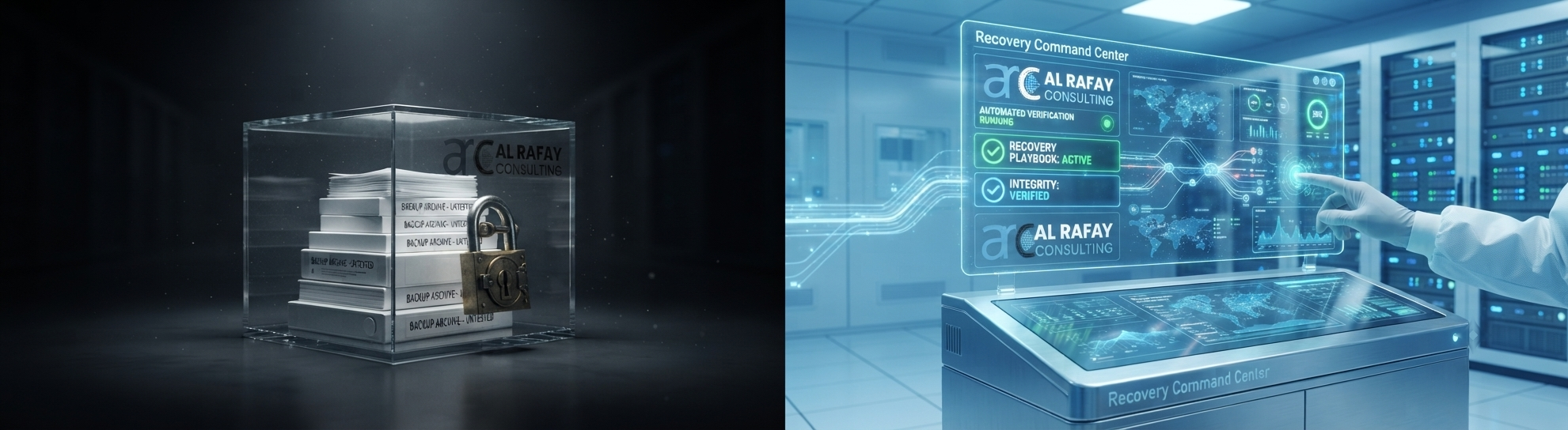 Side-by-side view of protected backup archives and an active recovery command center dashboard