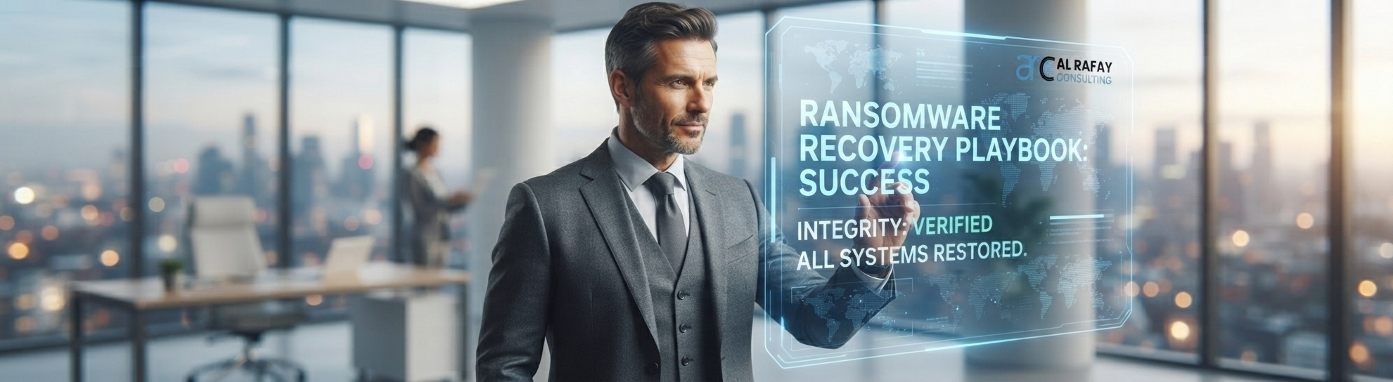 Executive ransomware recovery playbook dashboard showing verified integrity and successful full-system restoration