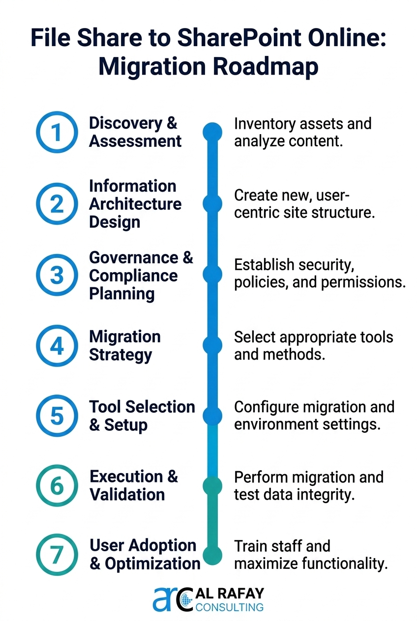 File share to SharePoint Online migration roadmap showing the seven phases from discovery and assessment through training, adoption, and decommissioning