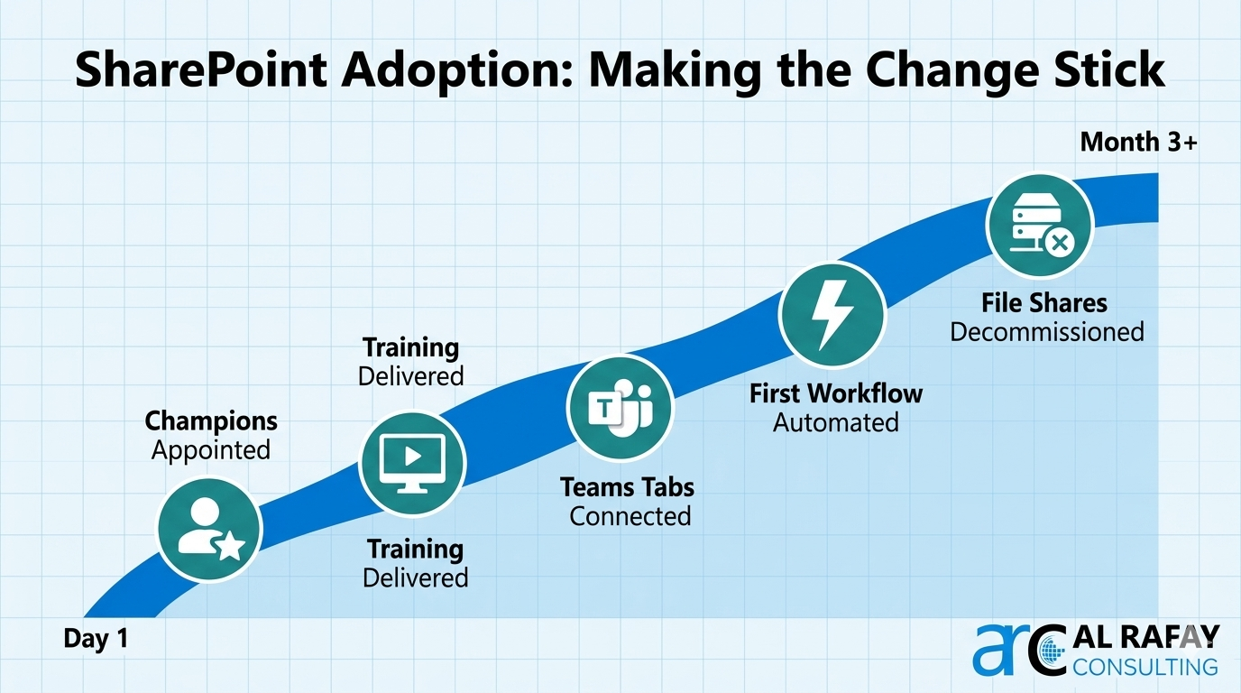 SharePoint adoption journey from day one to month three — appointing champions, delivering training, connecting Teams tabs, automating the first workflow, and decommissioning file shares