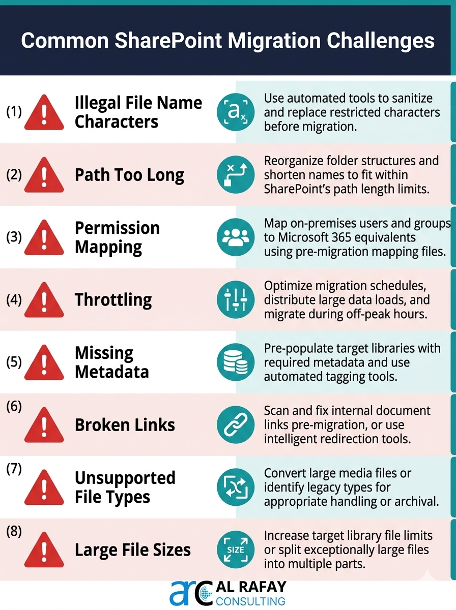Common file share to SharePoint Online migration challenges and how to solve them — illegal characters, long paths, oversized files, permissions, throttling, and adoption