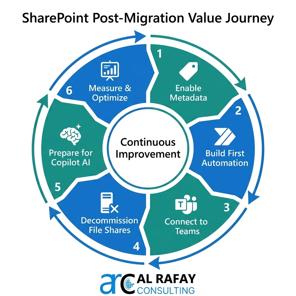 SharePoint post-migration value journey — enable metadata, build first automation, connect to Teams, decommission file shares, prepare for Copilot AI, and measure and optimize