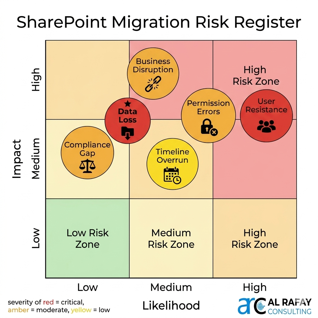 SharePoint migration risk register mapping likelihood and impact for business disruption, data loss, permission errors, user resistance, timeline overrun, and compliance gaps