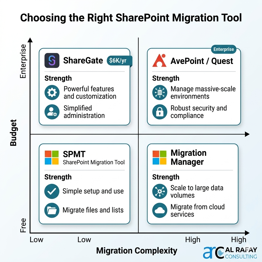 SharePoint migration tool comparison across SPMT, Migration Manager, ShareGate, and AvePoint by scale and capability