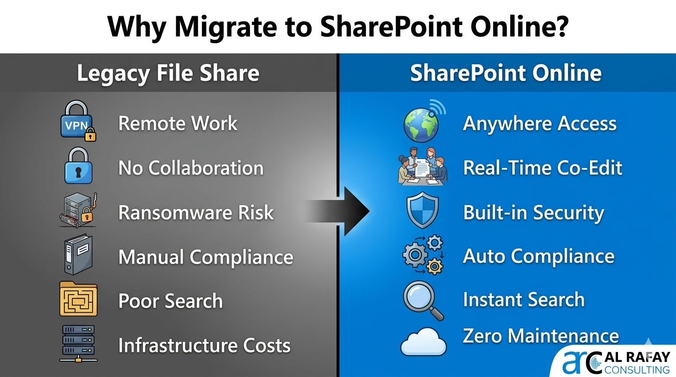 Why migrate to SharePoint Online — legacy on-premises file share versus modern SharePoint Online cloud collaboration