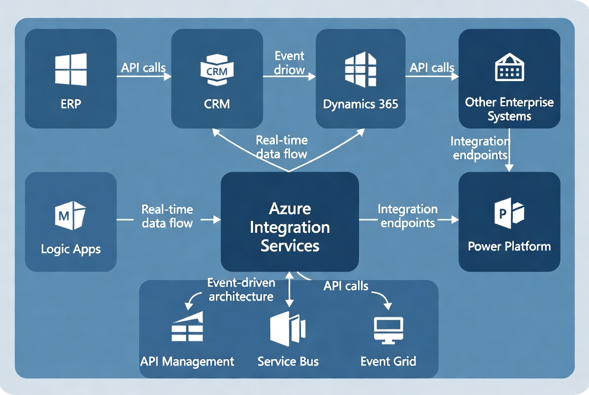 Azure Integration Services architecture connecting ERP CRM Dynamics 365 and Power Platform