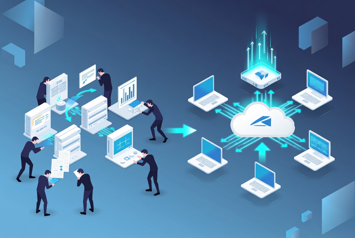 Cloud integration flow from fragmented systems to centralized Azure-connected architecture