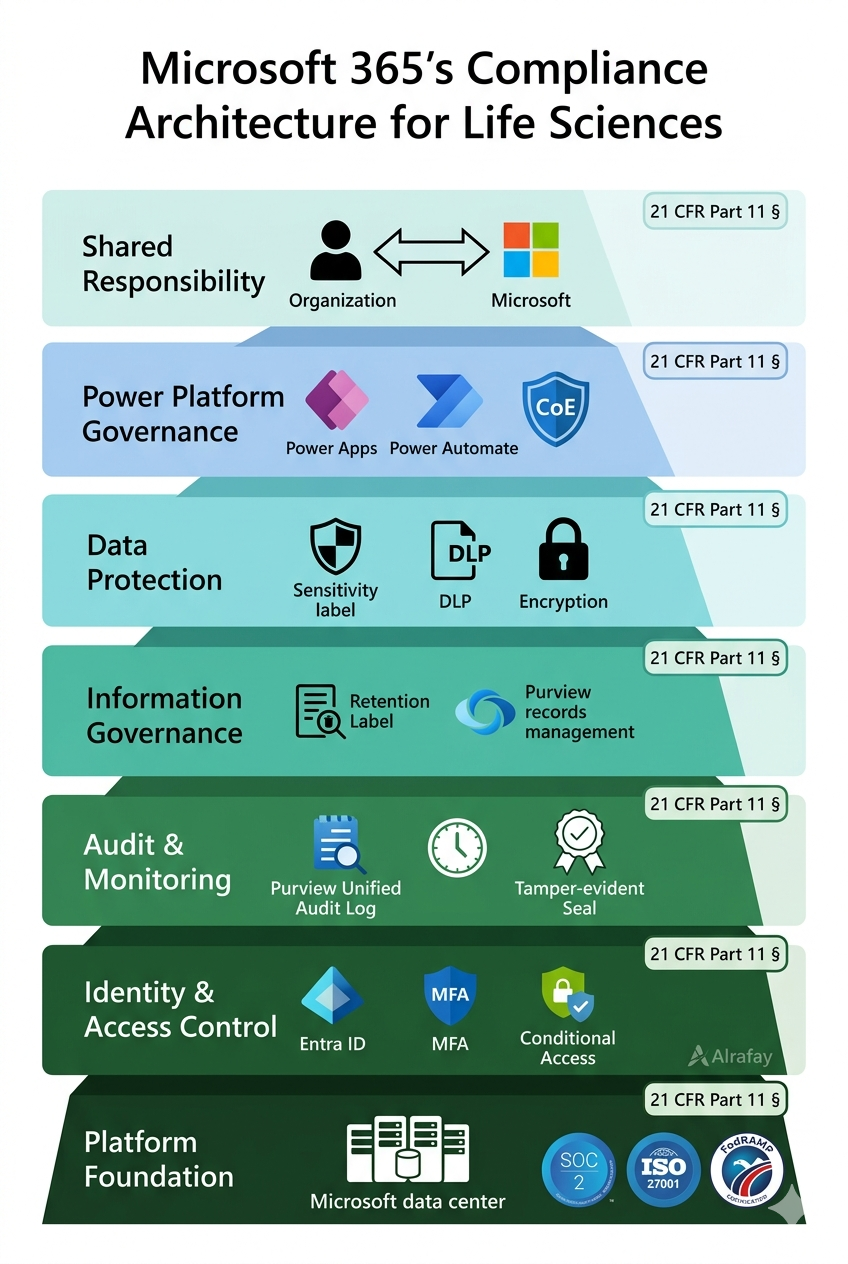 Microsoft 365 compliance architecture layers for life sciences: platform, identity, audit, governance, data protection, and Power Platform