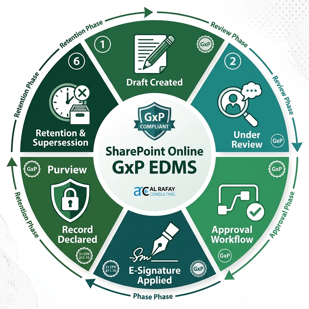 SharePoint Online GxP document lifecycle: Draft Created, Under Review, Approval Workflow, E-Signature Applied, Record Declared, Retention and Supersession