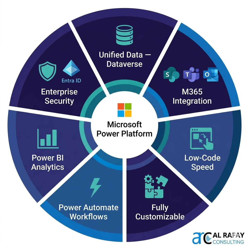 Microsoft Power Platform architecture: Power Apps, Power Automate, Power BI, and Dataverse integrated for property management