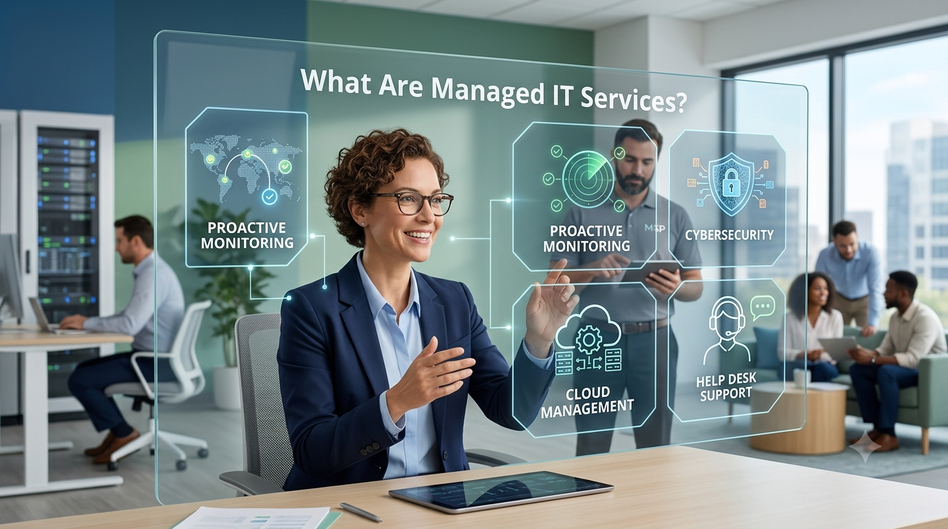 Managed IT services team reviewing proactive monitoring, cybersecurity, cloud management, and help desk support