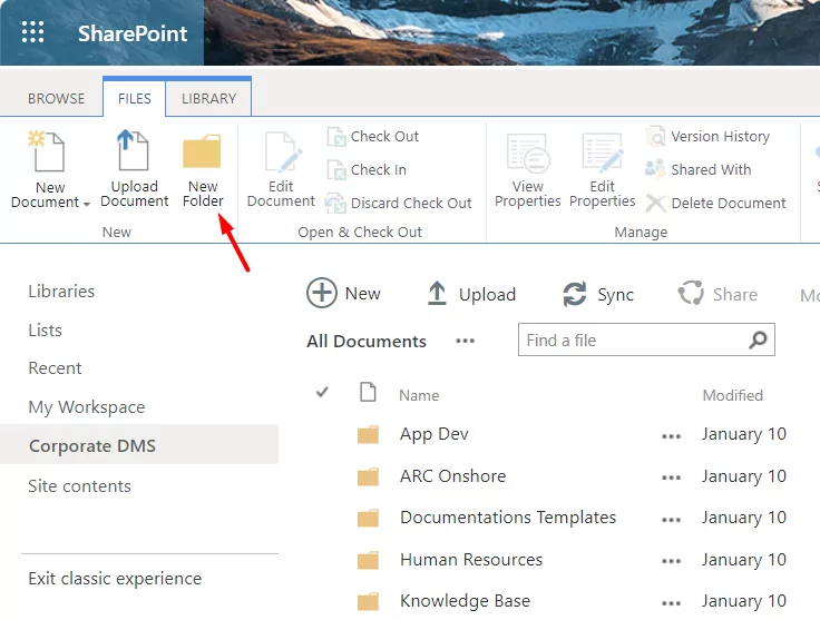 Click on the Files tab in the ribbon at the top of the document library.