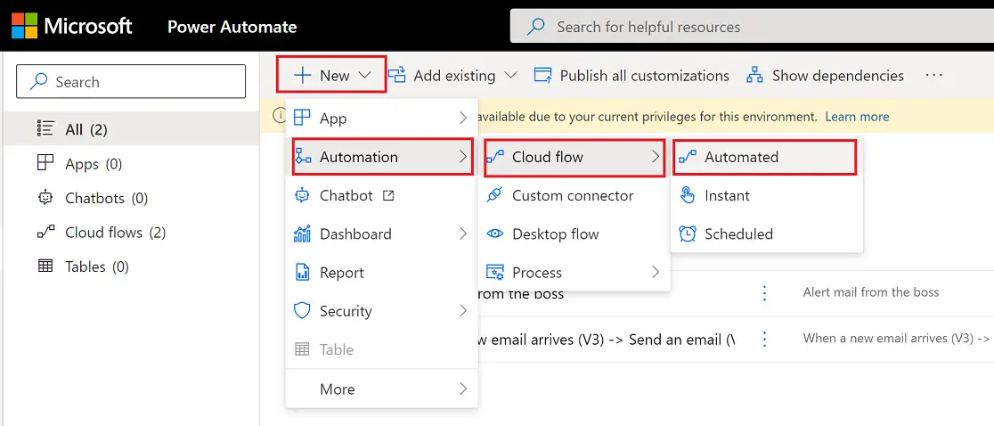 create an automated type of Cloud flow