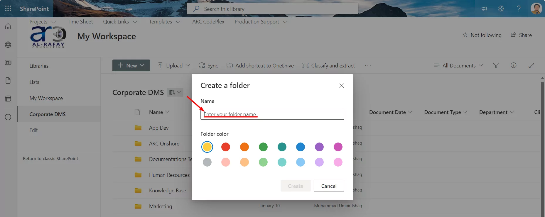 Enter a name for your folder in the Name field.