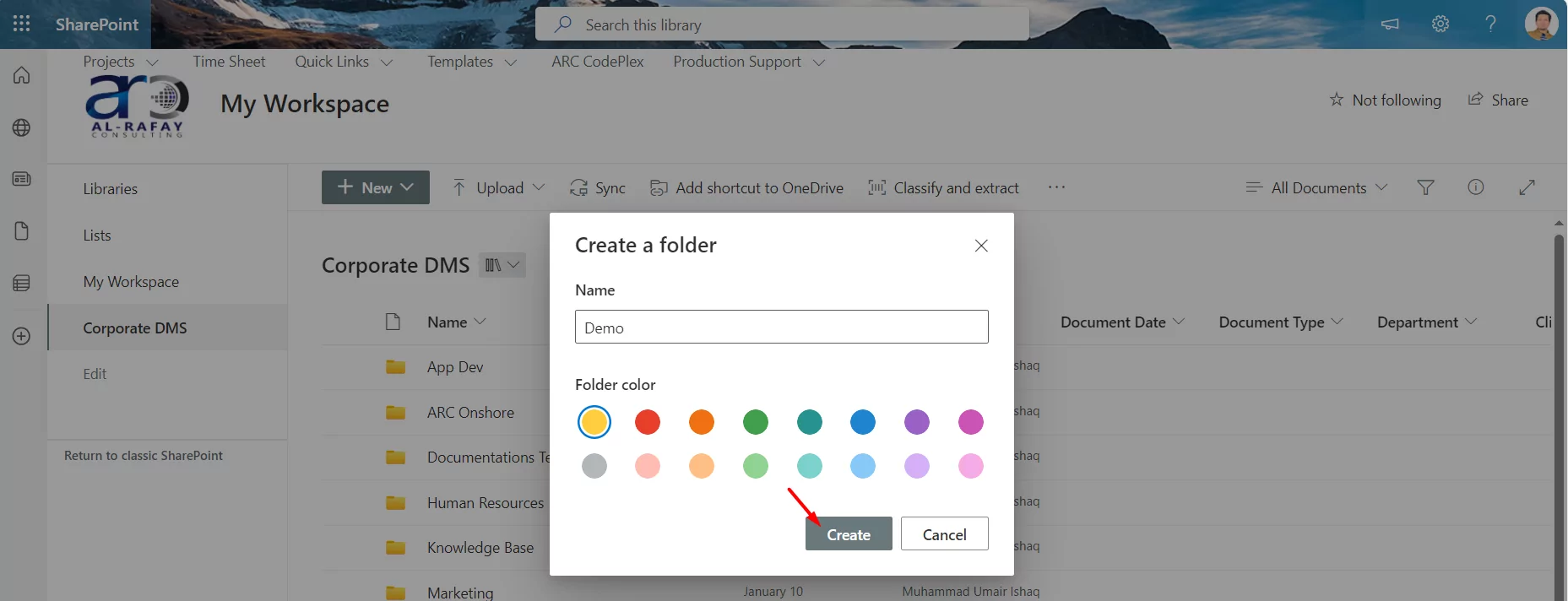 Click on the Create button to create your folder.