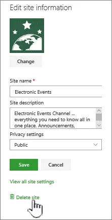 Edit Site Information panel